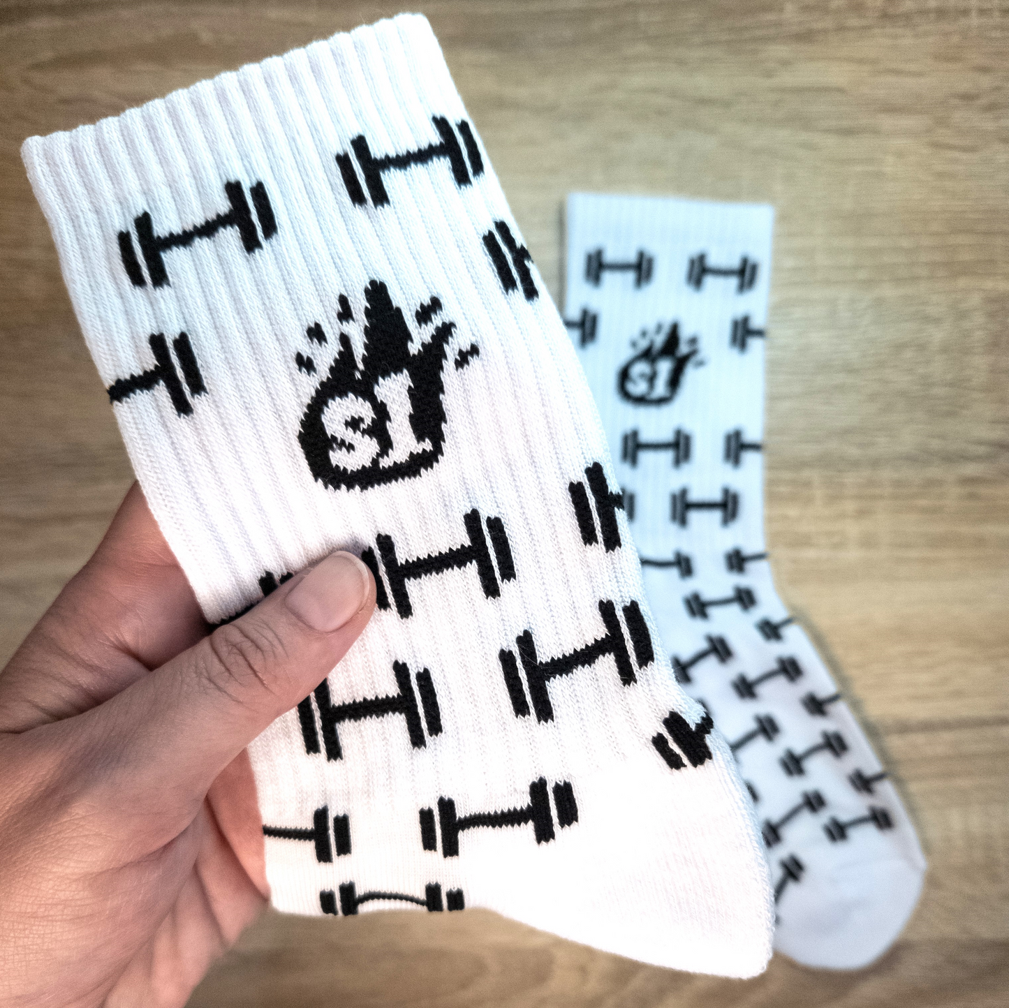 White Barbell Crew Socks