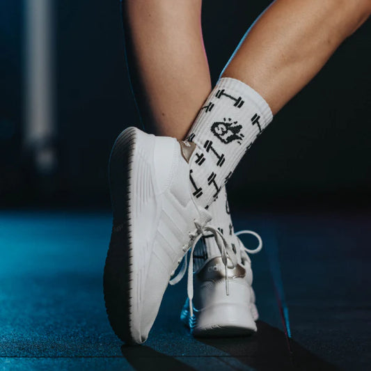 White Barbell Crew Socks