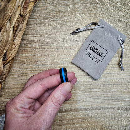Blue stripe Black Silicone Ring