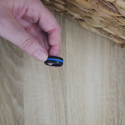 Blue stripe Black Silicone Ring